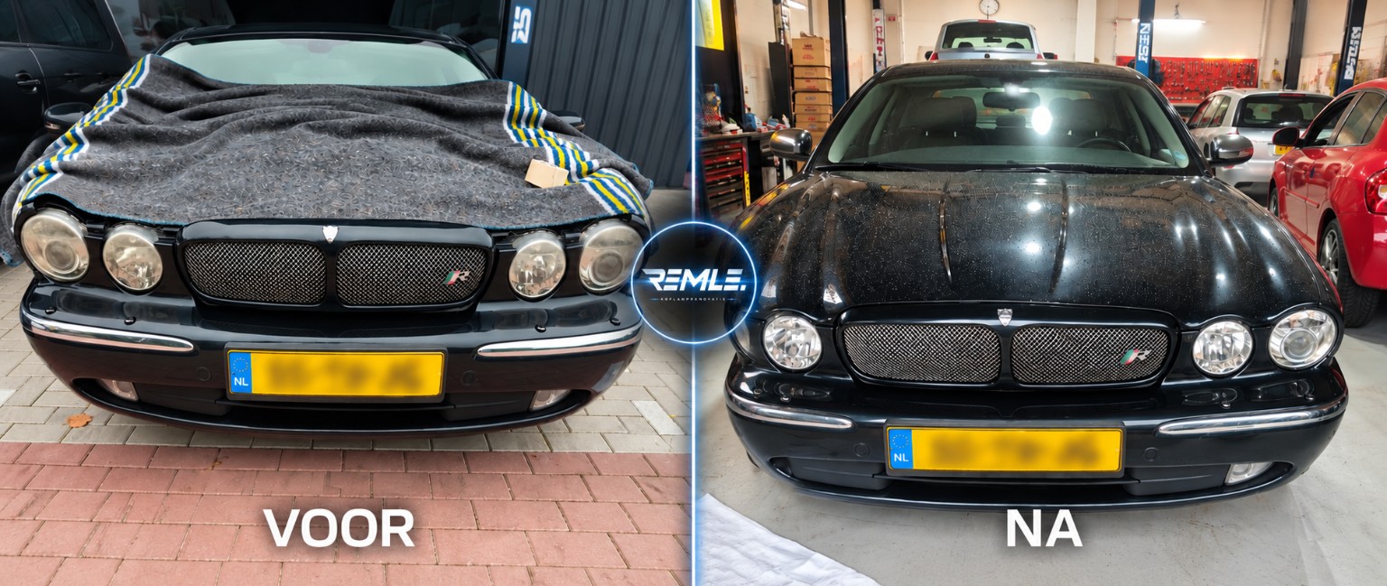 Jaguar koplampen voor en na renovatie